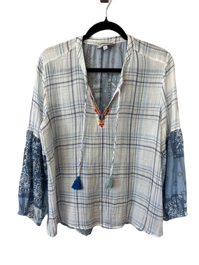 Johnny Was Boho Patchwork Blouse Size M Blue Plaid Paisley Tassel Peasant Top